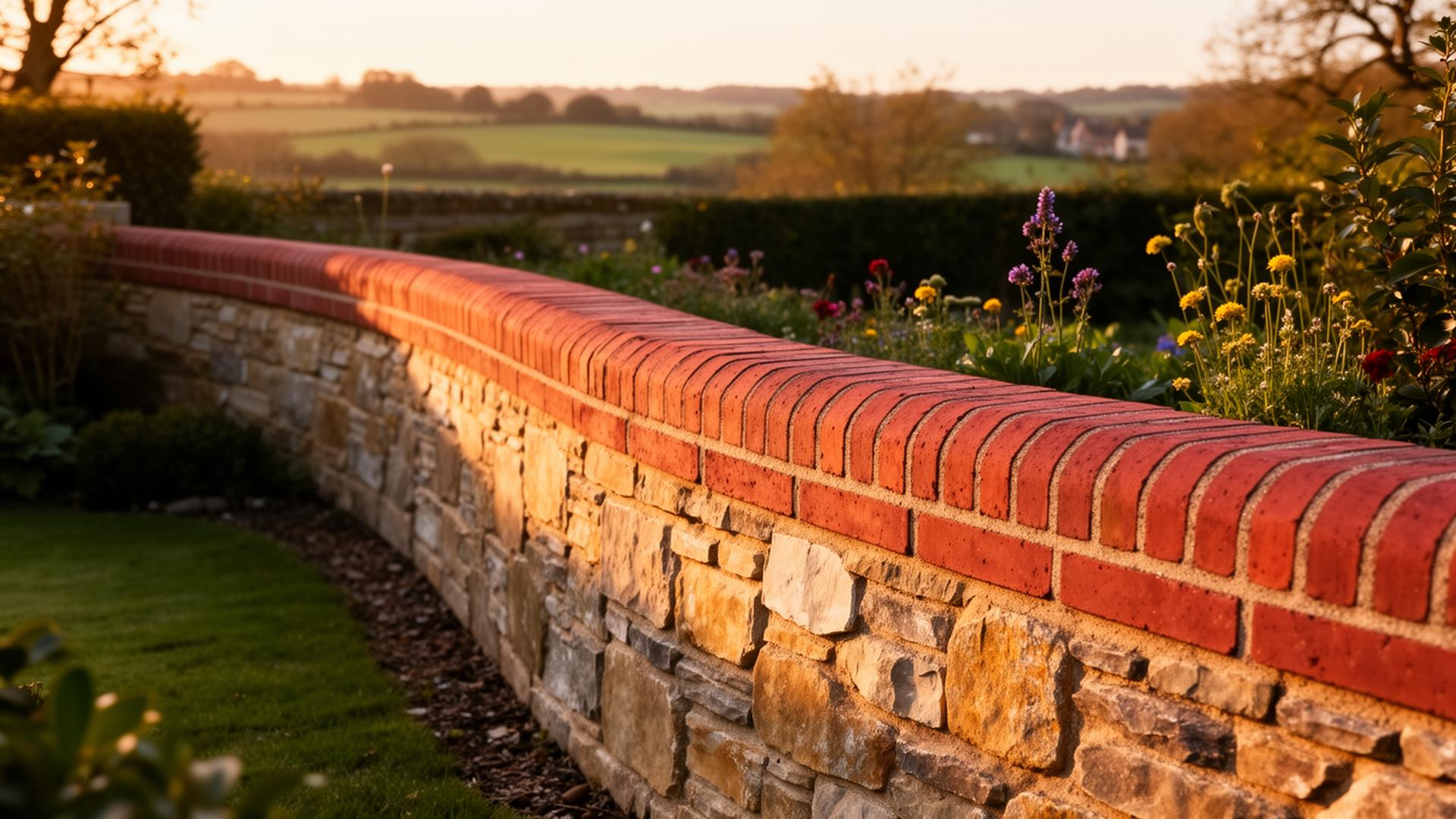 Curved brick and stone garden wall in Oxfordshire countryside